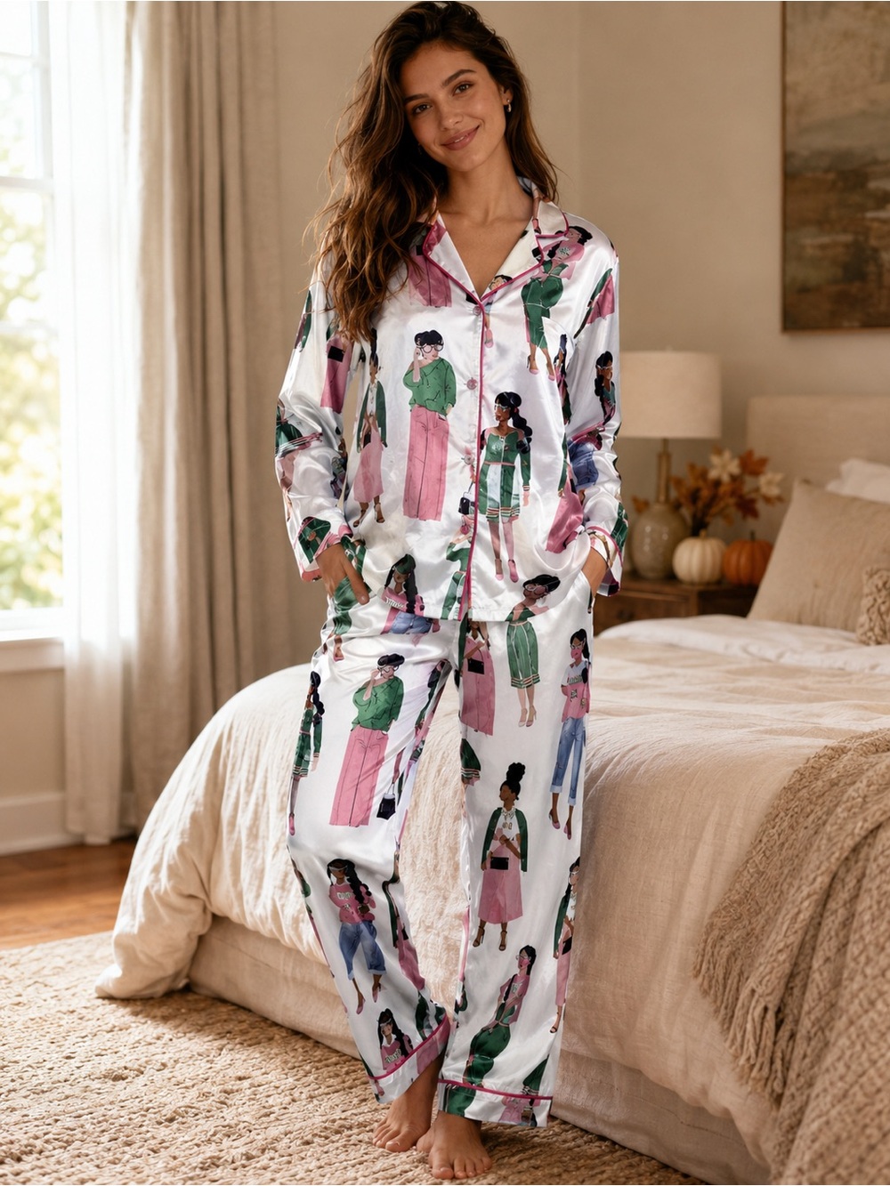 SHESHOW Women’s Satin Pajama Set Size M Fashion Print Pink Green NWT